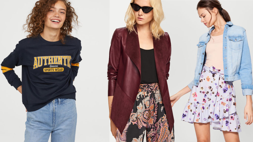 Modne ubrania na jesień, od lewej: bluza z logo H&M (39,90 zł), kurtka z eco-skóry Reserved (99,99zł), spódnica mini Mohito (29,99zł)